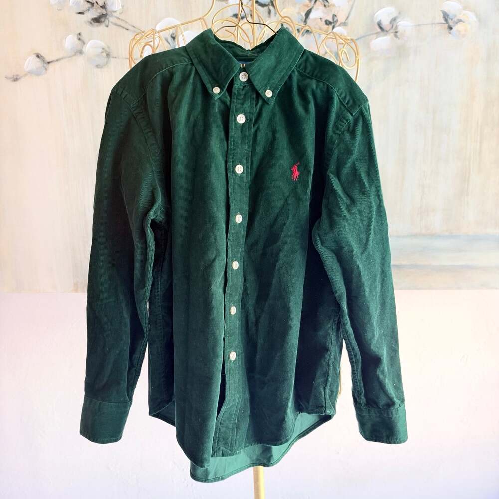 Polo Ralph Lauren Boys Size 8 Green Corduroy Button Down Shirt Cotton Pony Logo